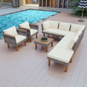 GO 9-Piece Patio Rattan Furniture Set, Outdoor Conversation Set With Acacia Wood Legs and Tabletop, PE Rattan Sectional Sofa Set with Coffee Tabl (Color: as Pic)