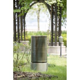 44" Tall Large Modern Cylinder Ribbed Tower Water Fountain, Contemporary Antique Finish Outdoor Bird Bath Concrete Fountain (Color: as Pic)