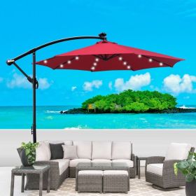 10 ft Outdoor Patio Umbrella Solar Powered LED Lighted Sun Shade Market Waterproof 8 Ribs Umbrella with Crank and Cross Base for Garden Deck Back (Main Material: Fabric+Metal, Main Color: Red)