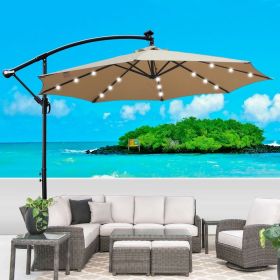 10 ft Outdoor Patio Umbrella Solar Powered LED Lighted Sun Shade Market Waterproof 8 Ribs Umbrella with Crank and Cross Base for Garden Deck Back (Main Material: Fabric+Metal, Main Color: Tan)