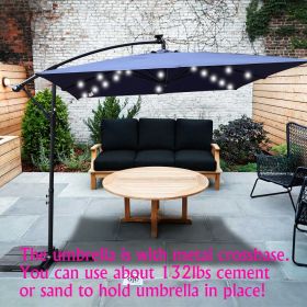 Square 2.5X2.5M Outdoor Patio Umbrella Solar Powered LED Lighted Sun Shade Market Waterproof 8 Ribs Umbrella with Crank and Cross Base for Garden (Main Material: Fabric+Metal, Main Color: Navy Blue)