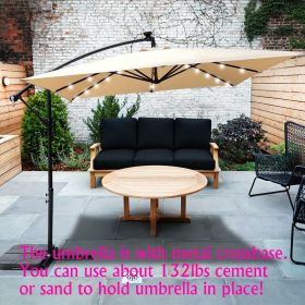 Square 2.5X2.5M Outdoor Patio Umbrella Solar Powered LED Lighted Sun Shade Market Waterproof 8 Ribs Umbrella with Crank and Cross Base for Garden (Main Material: Fabric+Metal, Main Color: Tan)