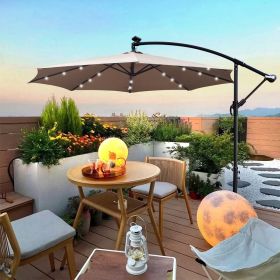10 ft Outdoor Patio Umbrella Solar Powered LED Lighted Sun Shade Market Waterproof 8 Ribs Umbrella with Crank and Cross Base for Garden Deck Back (Main Material: Fabric+Metal, Main Color: Mushroom)